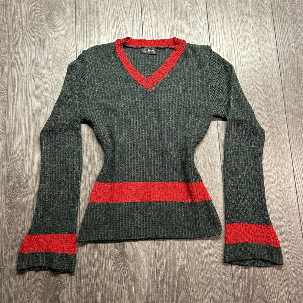 Urban Behavior Womens Small Y2K Ribbed V-Neck Sweater Grey Stripe Bell Sleeve